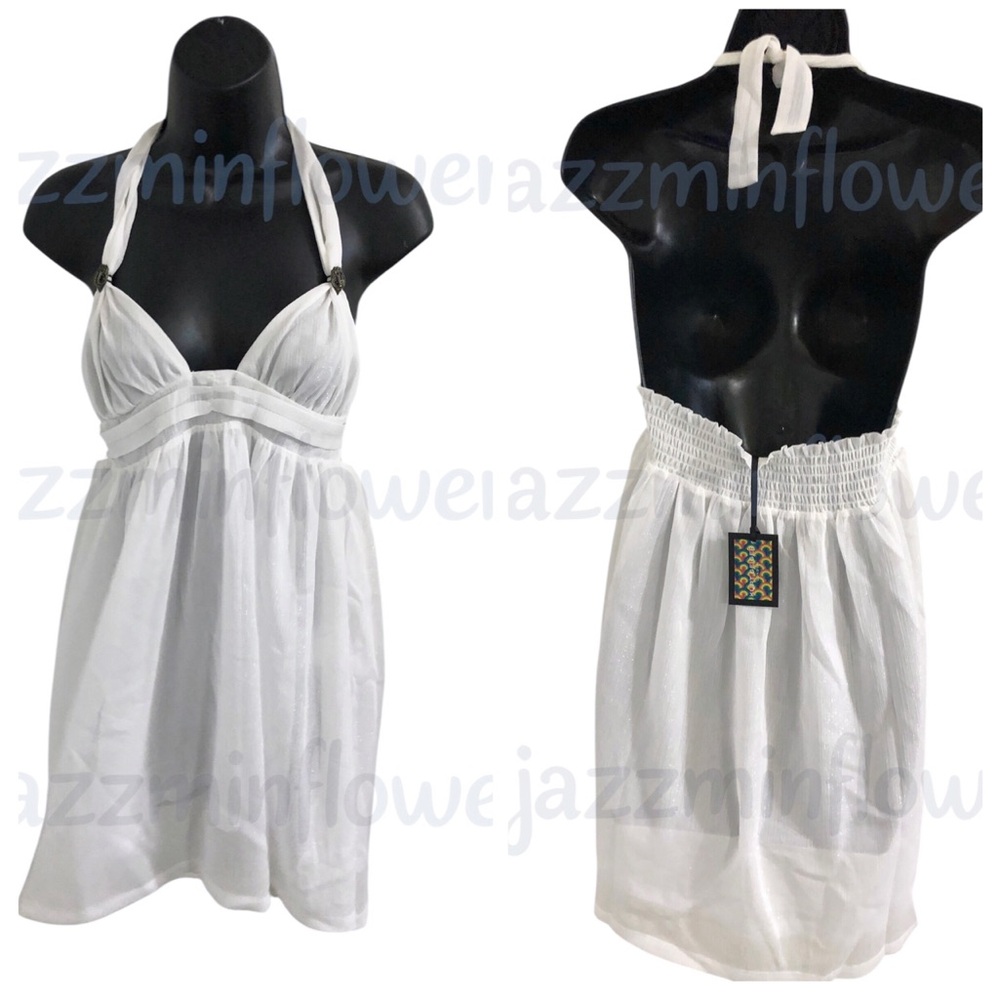 Kurt Geiger Kensington open back sheer white halter coverup dress size Small new